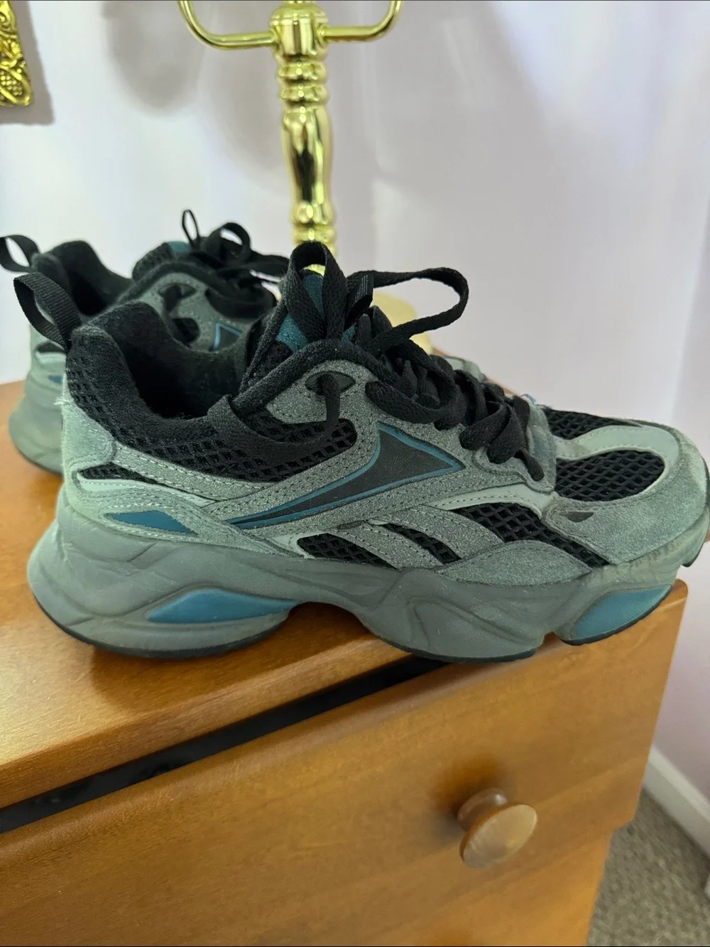 Reebok Gray and Black Athletic Sneakers with Blue Accents